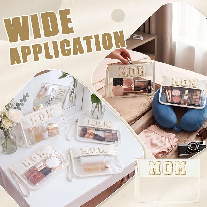 6 Pcs Mom Cosmetic Bags, Clear Chenille Letter Mama Makeup Bag, Beige Gift Bags Travel Toiletry Pack, Preppy Waterproof Stuff Pouch for Women - Image 7