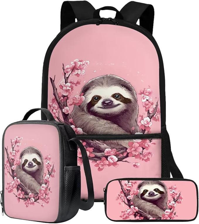 Cherry Blossom Sloth Print Student Backpack Set Lightweight Bookbag Lunch Kits Pencil Case 17 Inch Travel Laptop Computer Backpacks FashionDaypack Rucksack for Hiking by ZIATUBLES