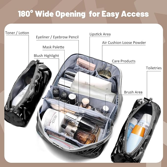 BOYATU Travel Makeup Bag for Women: Y2K Aesthetic Personalized Glossy 3 Pcs Set Cosmetic Organizer Bag - Trendy Statement Toiletry Pouches for Forward Women - Stand Out at Festivals & Trips(D-2-Black) - Image 5