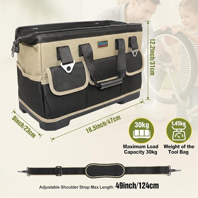 Tool Bag, Ounic 18 Inch Large Tool Tote Bag Heavy Duty With Waterproof Molded Base, Wide Mouth Tool Box Organizer with Adjustable Shoulder Strap for Electrician Mechanic Craftsman Plumbers(Coffee) - Image 2