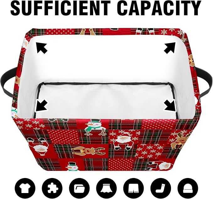 Christmas Red Grid Elk Snowman Basket,Christmas Storage Foldable Fabric Storage Baskets with Handles Canvas Storage Bin 14 x 10 x 8 - Image 5