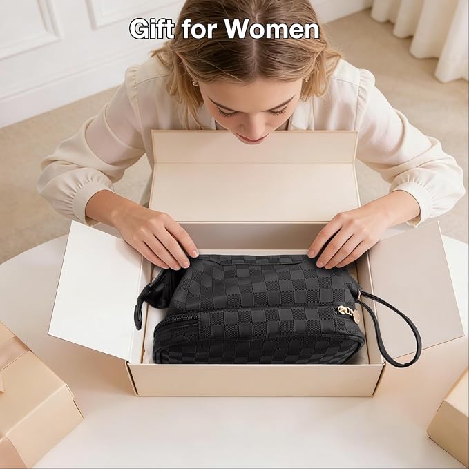 Abiudeng Large Capacity Makeup Bag Ladies Cosmetic Bag Travel Bag with Compartments Portable PU Leather Travel Makeup Bag with Handle - Image 8