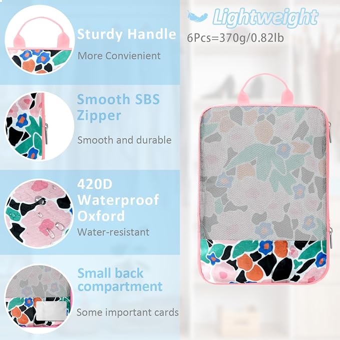 7 Piece Travel Compression Packing Cubes - Gingham Floral | Foldable Toiletry Kit, Efficient Suitcase Packing, Carry-On Compatible Travel Essentials with Lovely Flower Print, Green - Image 4