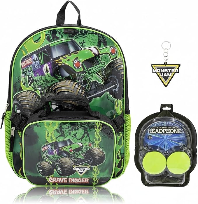 Fast Forward Monster Jam Backpack Set for Boys | 4-Piece Monster Truck Bookbag with Lunch Bag, Headphones, and Dangle | Grave Digger Kids School Backpack | Ages 3+ - Image 2
