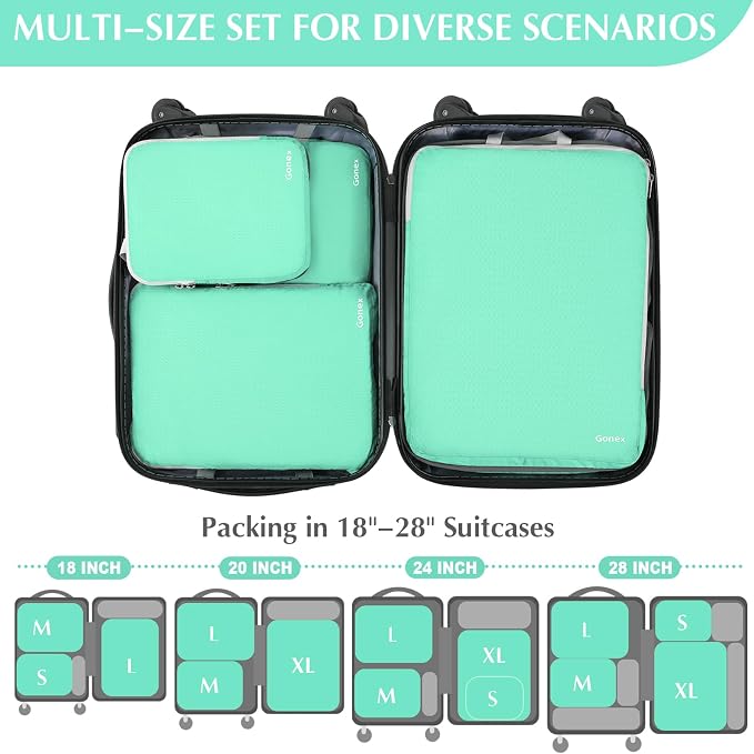 Gonex Compression Packing Cubes, 4pcs Expandable Storage Travel Luggage Bags Organizers (Mint Green) - Image 5