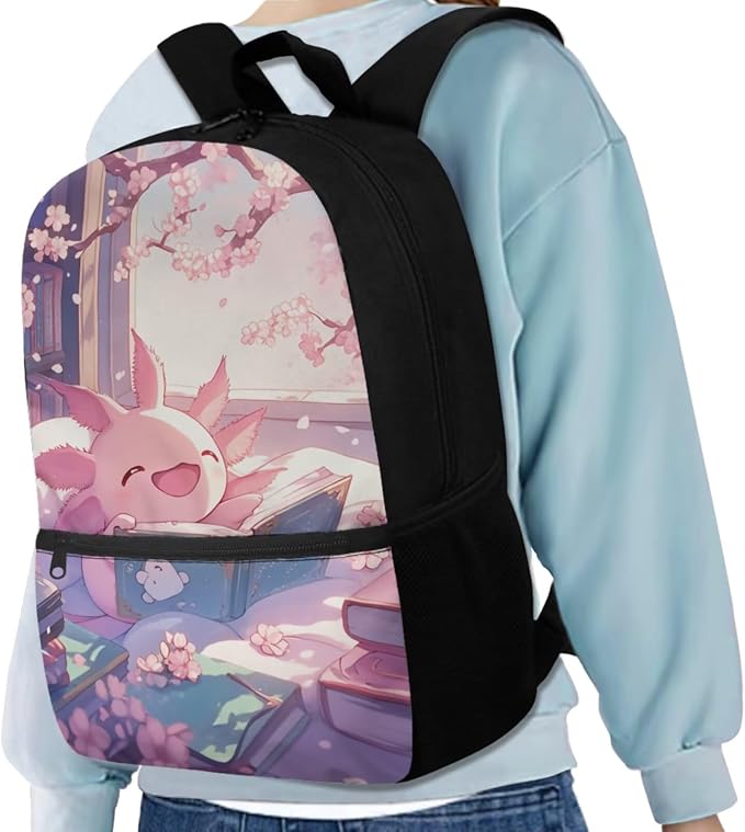 Cute Axolotl Backpack for Girls Kids Backpack with Lunch Box Water Bottle Holder with Strap and Large Pencil Case 4Pcs Set Bookbag with Front Pocket for School 17" Sturdy Elementary School Bag - Image 2