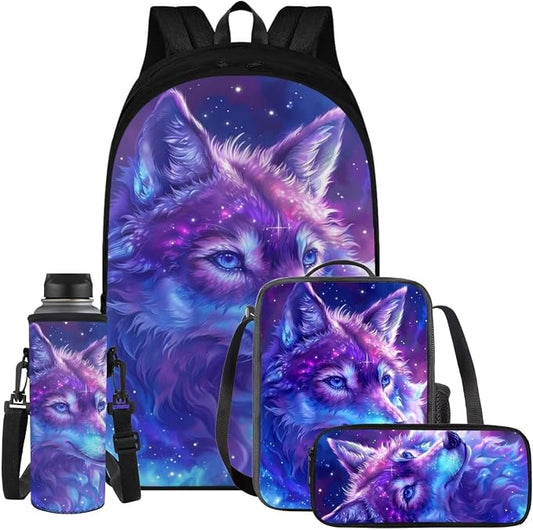 Galaxy Wolf Backpack for Girls Boys Backpack with Lunch Box Water Bottle Carrier with Strap and Big Pencil Case 4PCS Bookbag with Compartments for School 17 inch Sturdy School Bag for Kids by ELEDIZI