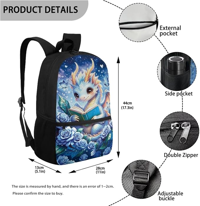 Reading Dragon Backpack for Kindergarten Elementary Kids 4 Piece Children School Supplies Set and Lunch Bag, Pencil Case & Water Bottle Sleeve 17'' Large Capacity Bookbag Fits 15+ Books - Image 3