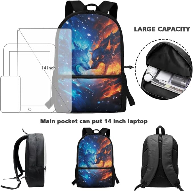 Wolf Backpacks for Boys Fire Ice Elemenatry School Backpack with Lunch Box Pencil Case Water Bottle Sleeve Bookmark 17Inch Kids Book Bag Set of 5 Picnic - Image 4