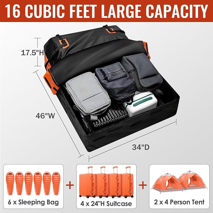 Car Rooftop Cargo Carrier Bag, 16 Cubic Feet Waterproof Car Topper Luggage Storage Bag with Large Capacity & Maximum Protection to Minivan SUV Vehicles w/wo Roof Rack, Non-Slip Mat, Door Hooks, Lock - Image 4
