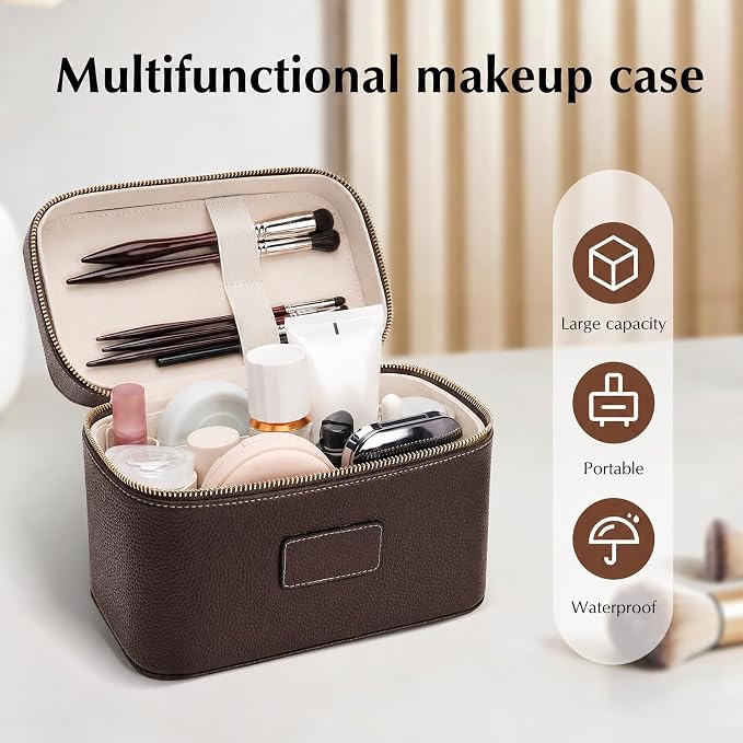 Makeup Case for Women, Leather Makeup Bag Cosmetic Case with Removable Divider, Large Capacity Waterproof Portable Travel Toiletry Make up Organizer Case - Image 5