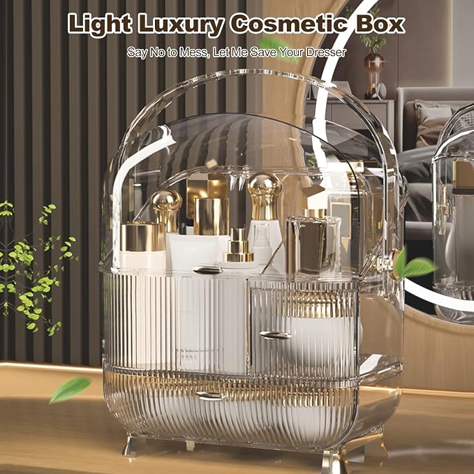 Ergocar Multi-Function Make Up Case Dustproof Cosmetic Storage Box,Cosmetics Skin Care Products Portable Retro Series Case - High Translucent White - Image 2