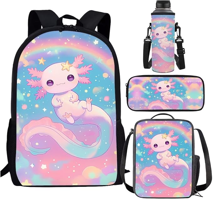 Cute Axolotl Rainbow Backpack for School Girls 1st Grade Rainbow Bookbag with Lunch Box Set Neon Book Bags and Lunchbox Pencil Case Water Bottle Holder Elementary Back Pack for Kids 6-8/5-7 by SCRAWLGODDreamWardrobe