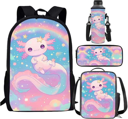 Cute Axolotl Rainbow Backpack for School Girls 1st Grade Rainbow Bookbag with Lunch Box Set Neon Book Bags and Lunchbox Pencil Case Water Bottle Holder Elementary Back Pack for Kids 6-8/5-7 by SCRAWLGODDreamWardrobe