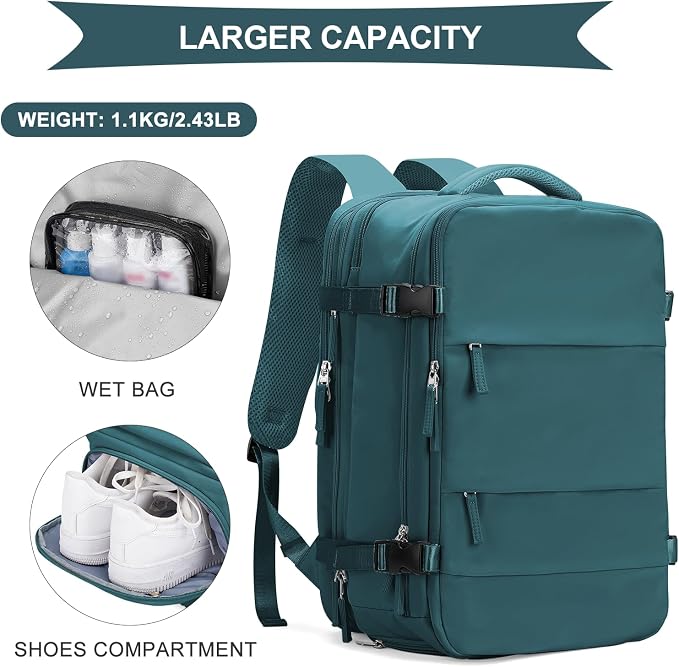 coowoz Large Travel Backpack For Women Men, Carry On Backpack,Hiking Backpack Waterproof Outdoor Sports Rucksack Casual Daypack Expandable Heavy Duty Extra large Backpack Peacock Blue - Image 6