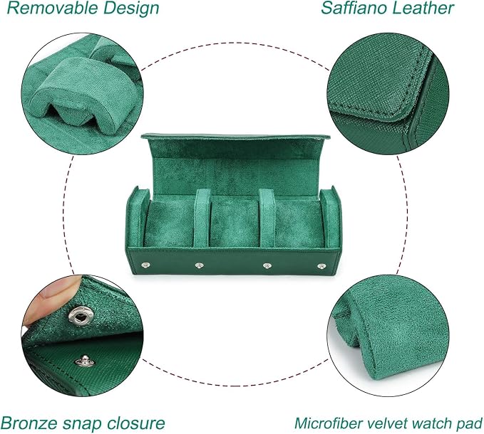 Hiram Genuine Leather Hexagon Watch Roll Travel Case, Leather 3-Watches Roll Case with Removable Pillow Cushion for Treasured Watches and Bracelets -Green - Image 4