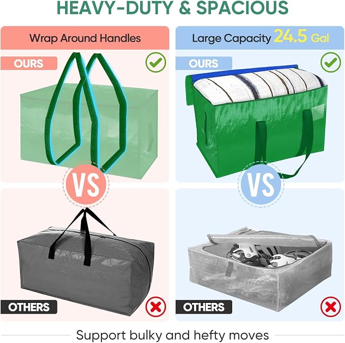 BALEINE 2-Pack Oversized Moving Bags with Reinforced Handles, Heavy-Duty Storage Tote for Clothes, Moving Supplies (Light Green, 2-Pack) - Image 4