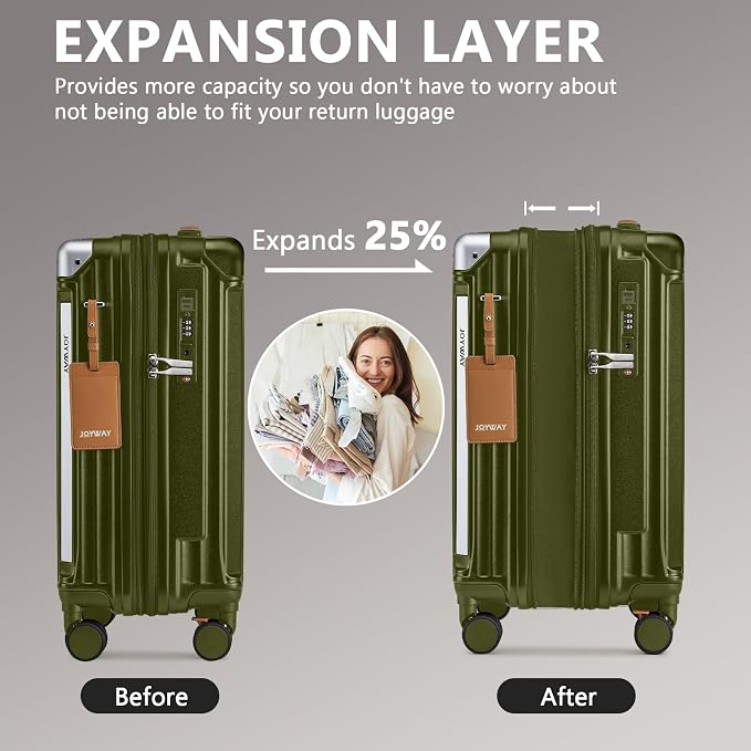 Joyway 5 Piece Luggage Set with Cup Holder, Expandable 25% Capacity, Includes Handbag, Anti Slip Wheels, Hook, Smart Carry On Suitcase for Men and Women, Spinner Travel DarkGreen - Image 2