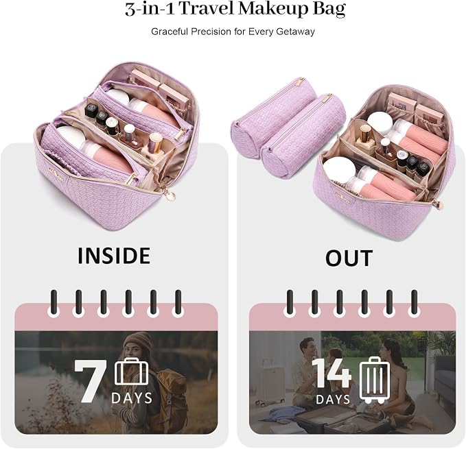 Travel Makeup Bag for Women: Designer 3 Pcs Set Cosmetic Bags for Women - Large Capacity Vagen Leather Hand-made for Toiletry Organizer - Ladies Travel Flat Open Essentials for Luxury (06Purple) - Image 5