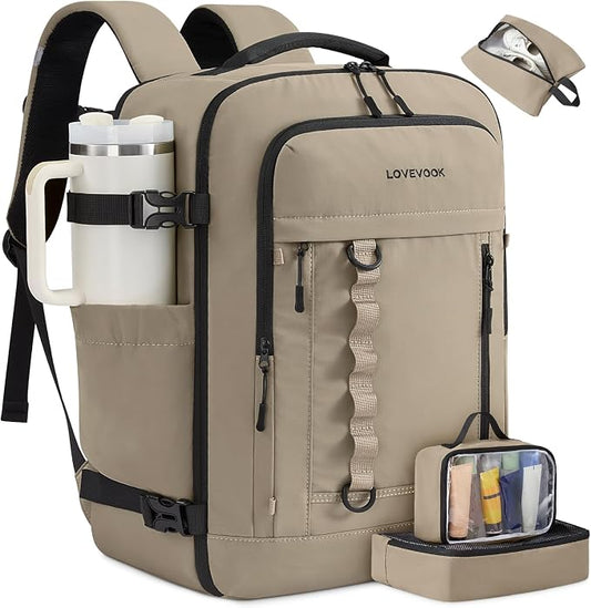LOVEVOOK 40L Travel Backpack for Men Women, Waterproof Carry On Backpack for Work & Travel, Flight Approved Personal Item with 3 Packing Cubes, TSA Bag Fits 17.3" Laptop,Khaki by LOVEVOOK