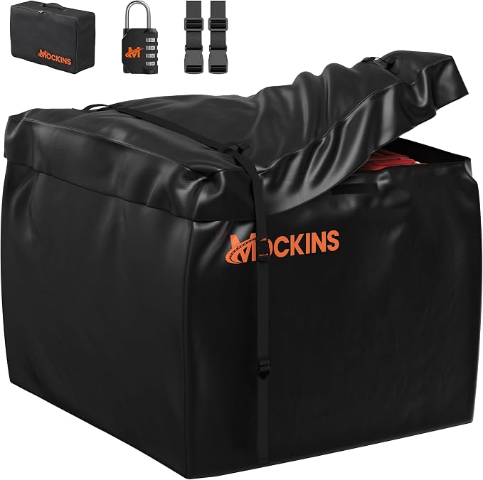 Mockins 30 CuFt Square Weatherproof Trailer Hitch Cargo Carrier Bag | 40"x40"x32" 500D PVC Cargo Bag for Hitch Carrier | Versatile Waterproof Truck Bed Storage Set w/ Buckle Straps, Lock & Case by Mockins