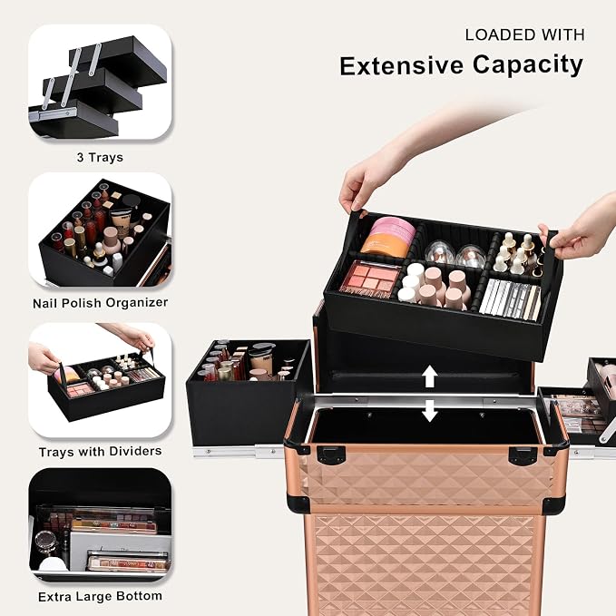 Stagiant Rolling Makeup Train Case Large Storage Cosmetic Trolley 4 Tray with Sliding Rail Removable Middle Layer with Key Swivel Wheels Salon Barber Case Traveling Cart Trunk - Image 3
