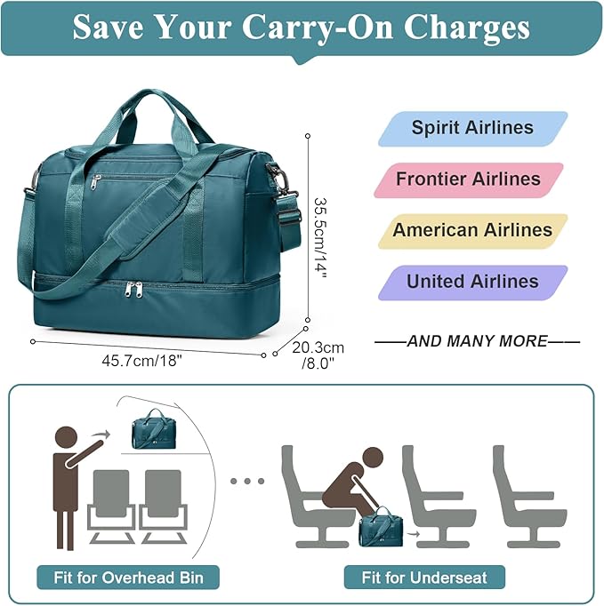Travel Duffel Bag,Carry-On Overnight Weekender Bags with Shoes Compartment | Travel Bag with Wet Pocket & Luggage Sleeve, For Spirit Airlines 18x14x8 Personal Item Bag,Small,Peacock Blue - Image 2