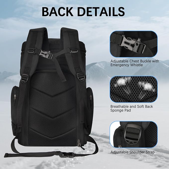65L Waterproof Ski Boot Bag, Heavy Duty Snowboard Backpack for Helmet Goggles Gear, Air Travel Winter Sports Bag - Image 6