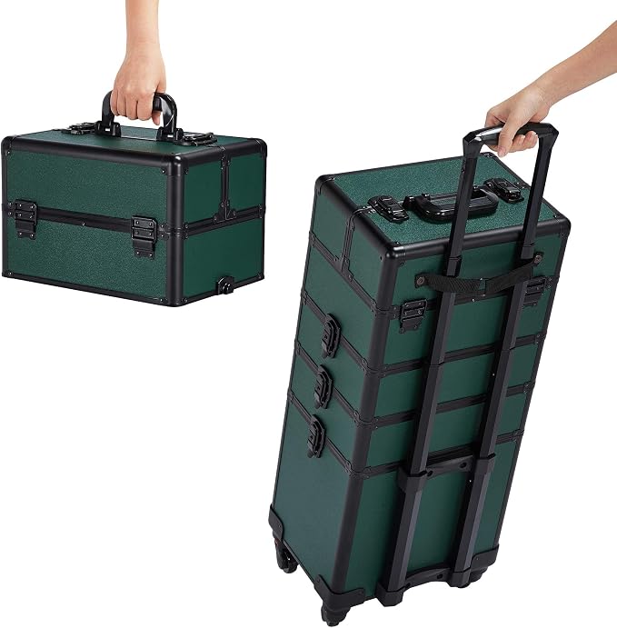 Yaheetech 4 in 1 Rolling Makeup Train Case, Lockable Green Cosmetology Cart | Aluminum-framed cosmetology trolley on swivel wheels, with stackable accordion trays keeping nail & makeup supplies organized - Image 5
