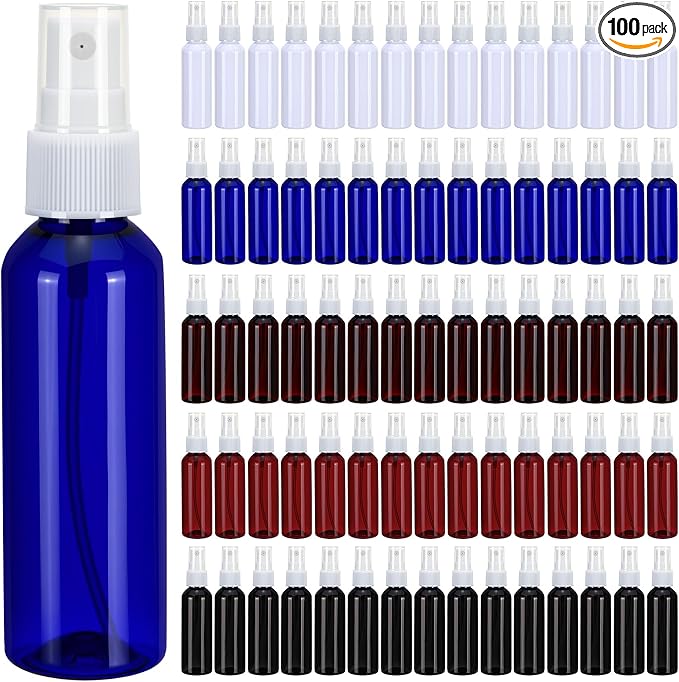 LemonRoad 100 Pack 2 oz Mini Spray Bottles Bulk Small Plastic Fine Mist Spray Bottles Leak Proof Mini Empty Refillable Travel Size Amber Blue Black Fine Mist Sprayer Bottle for Hair, Cleaning by Unknown