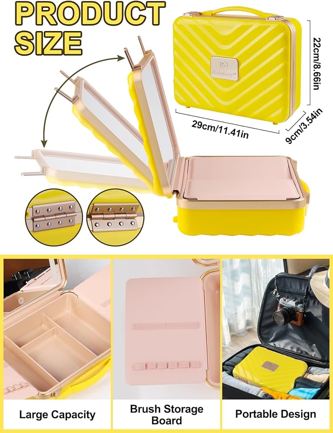 Kalolary Travel Makeup Train Cases with Lighted Mirror 3 Color Setting | Makeup Bag Cosmetic Organizer Adjustable Brightness Portable Makeup Storage Box with Detachable 5X Magnifying Mirror Yellow - Image 5