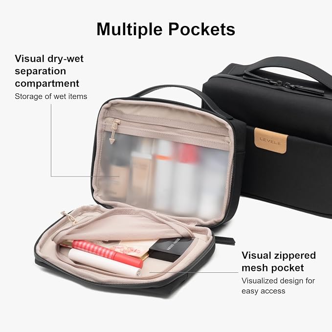 LEVEL8 Travel Toiletry Bag for Men Women, Water Repellent Shaving Bag for Toiletries Accessories, Storage Bags with Divider and Handle, Small/Black - Image 5