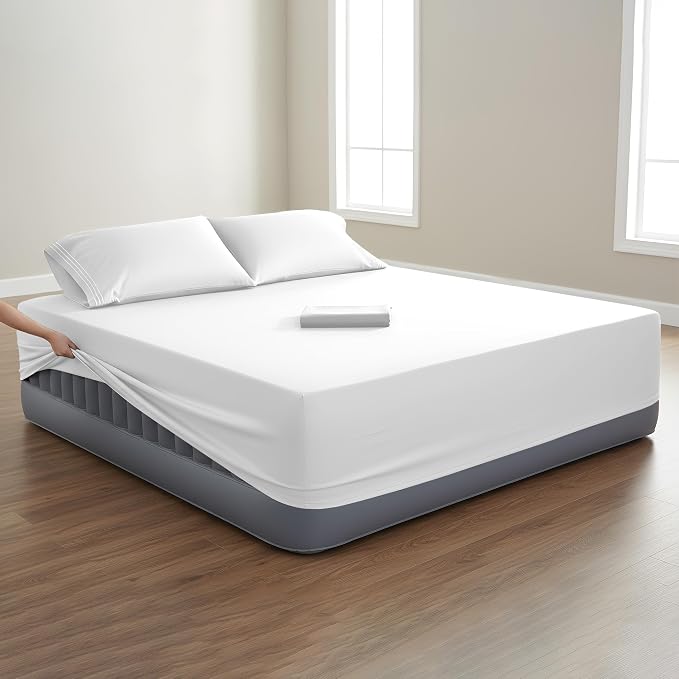 Mocassi 4-Piece Extra Deep Pocket 16-24 Inch Air Mattress Bed Sheet Set- 4PC Sheet Set with Smart Pockets Ideal for Air Beds, RVs, Camping and Guest Rooms Premium Hotel Quality, Twin, White - Image 2