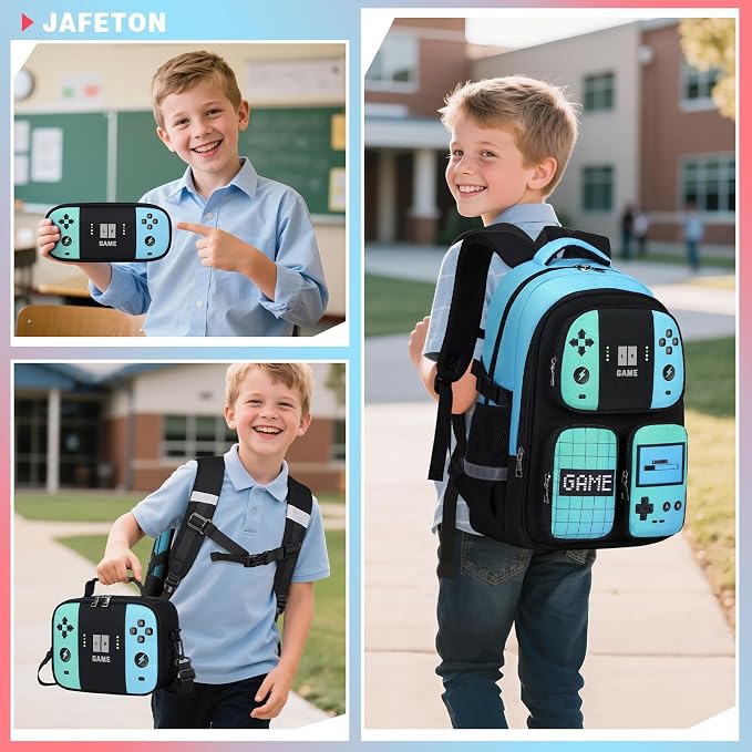 Gamer Backpack for Boys , 3PCS Boys Backpack with Lunch Box & Pencil Pouch, Waterproof School Bags for Boy Kids Children Teens, Elementary Middle School, Kids Book Bag Casual Daypack (Green Black) - Image 8