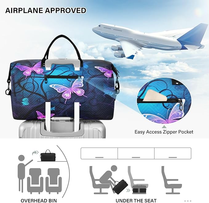 YETTASBIN Travel Duffel Bag for Women Men, Purple Blue Butterfly Large Waterproof Weekender Overnight Bag, Detachable Shoulder Strap Travel Sport Gym Bag with Toiletry Bag - Image 5