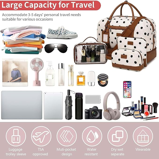 Wogarl 4PCS Weekender Bags for Women Large Overnight Weekend Travel Duffel Carry on Shoulder with Shoe Compartment Canvas Toiletry Bag for Travel Business Gym - Image 5