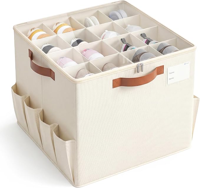 Varhomax Shoe Organizer Box for Closet, Fabric Shoe Storage Bin with Adjustable Dividers & Clear Cover, Holds up 16-32 Pairs of Sneakers & Sandals for Entryway, Cubby by Varhomax