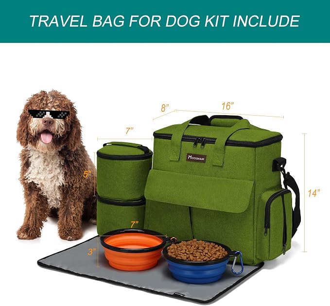Modoker Dog Travel Bag with 2 Food Bags, 2 Bowls and 1 Mat (Green) | Roomy Main Compartment | Multiple Functional Pockets | Water-Resistant Oxford Fabric | PVC Backing | Leak-Resistant Lining - Image 3