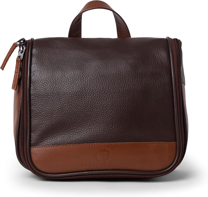 Sutton Handmade Genuine Cowhide Leather Hanging Toiletry Bag Travel Dopp Kit for Men and Women (Chocolate Brown) by LEATHERESQUE