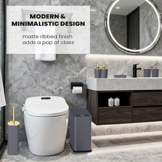XLHOMO 9-Piece Dark Gray Bathroom Accessories Set - Durable & Sleek Kit with Slim Narrow Trash Can, Toilet Brush & Soap Dispensers - Space-Saving Modern Bathroom Decor - Image 6