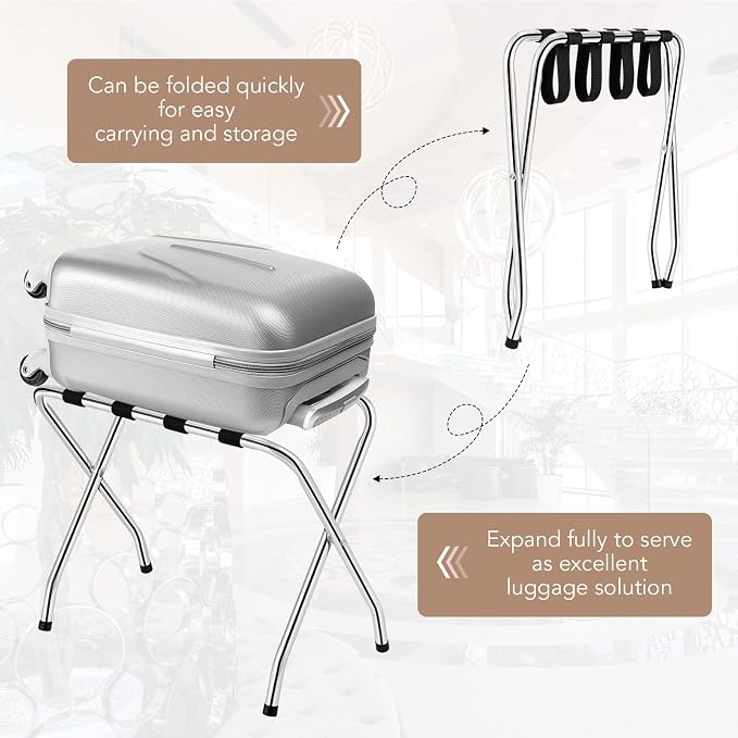 MAT EXPERT Folding Luggage Rack, No Assembly Required, 180lbs Capacity Luggage Holder w/ Nylon Straps & Non-slip Footpads, Chrome Suitcase Stand for Guest Room Home Bedroom Hotel, Set of 2, Silver - Image 2