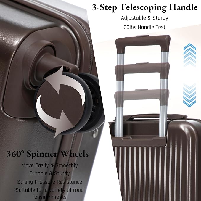 2 Pcs ABS Spinner Luggage Set - 14" Cosmetic Case & 20" Carry-On with Combination Lock, Front Opening Design, Brown - Image 4