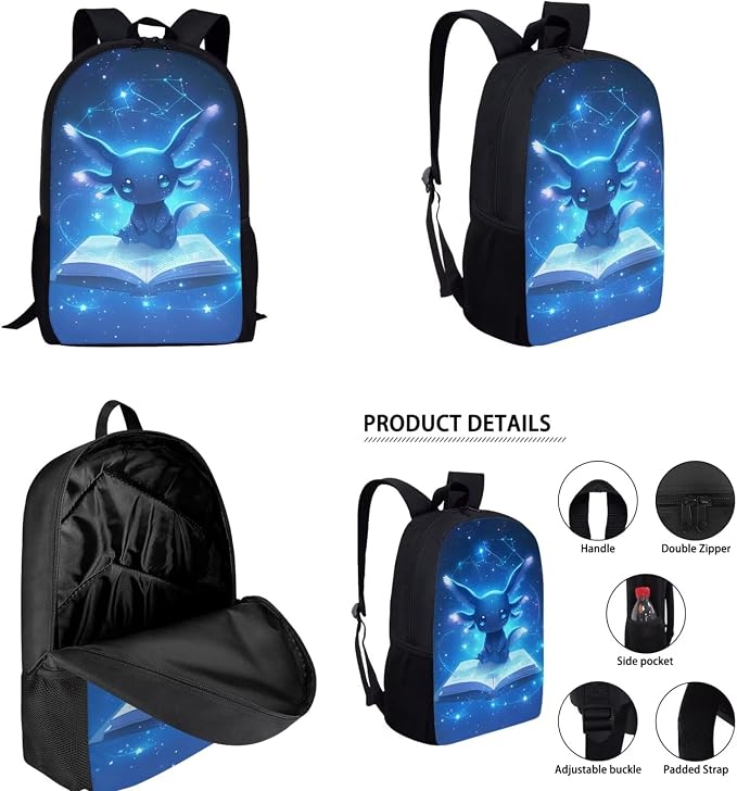 Blue Axolotl Backpack with Lunch Box Kids Girls 2nd Grade Book Lover Bookbag and Lunchbox Pencil Case Watter Bottle Holder 4PCS Galaxy Elementary School Back Pack Preschool Book Bag Age 6-8 - Image 2
