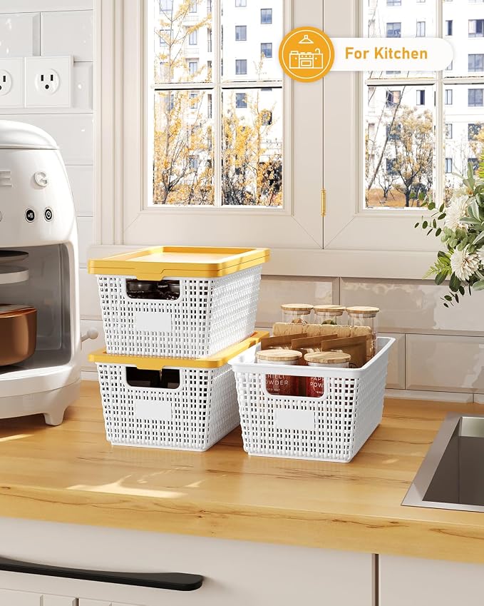 EOENVIVS Storage Bins Bakets with Lids 6 Pack, Stackable Organizer Bins for Small Spaces, Pantry, Closet & Bathroom, Secure Snap Lids, 11x7x5 Plastic Storage Containers for Shelf Organization, White - Image 7