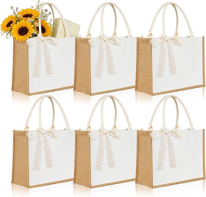 Burlap Tote Bag Set with Ribbon, Reusable Blank Water Resistant Grocery Bags by Unknown