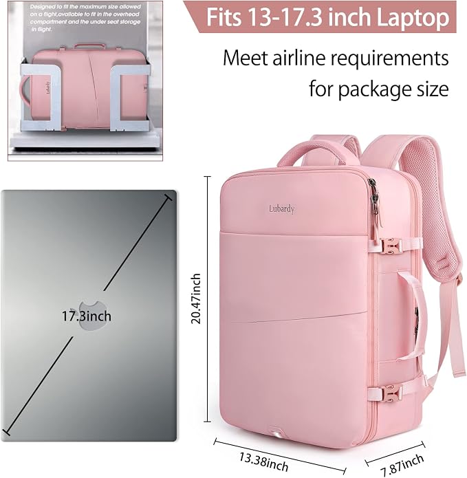 Lubardy Travel Backpack for Men Women 17 Inch Flight Approved Carry on Backpack Waterproof Large 40L Luggage Daypack Business College Weekender Overnight Laptop Backpack with 3 Packing Cubes, Pink - Image 3