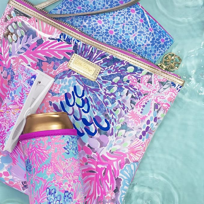 Lilly Pulitzer Water Resistant Vinyl Beach Day Pouch, Zipper Bag Includes Drink Hugger, Small Pouch, and Towel Clips - Image 4