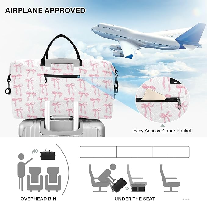 Weekender Bags Travel Duffel Gym Bag Carry on Overnight Tote Bag with Toiletry Bag for Airplane Travel Trip Gym Yoga (Pink Bow 61) - Image 5