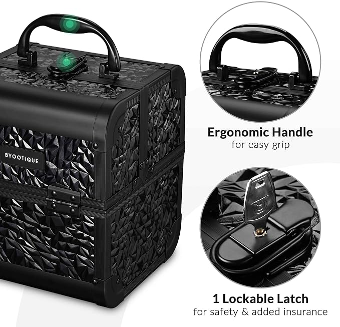 BYOOTIQUE Mini Makeup Train Case with Mirror 2 Tier Trays Box Makeup Artist | Aluminum Portable Travel Makeup Case Organizer Box Lockable Suitcase Cosmetic Storage Hairstylist Nail Tech Mermaid Black - Image 4