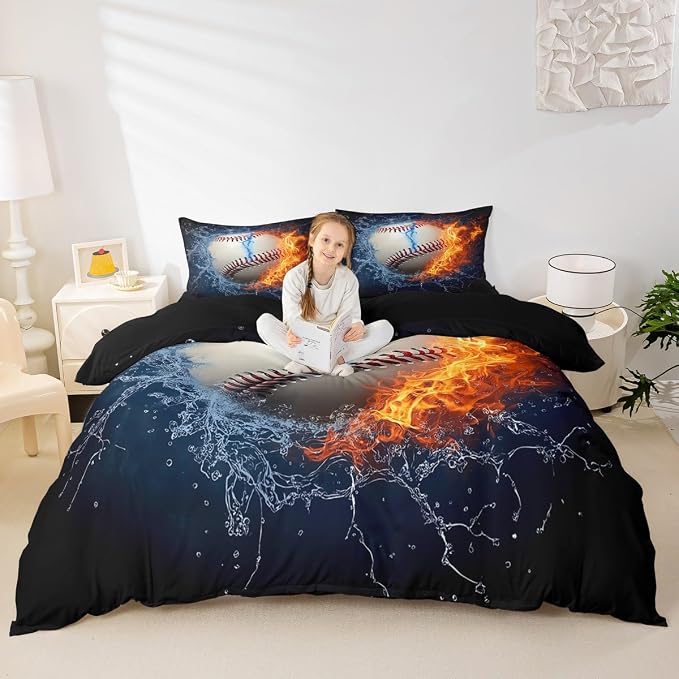 Baseball Duvet Cover Full Size Sports Theme Bedding Set Kids Teens Boys Fire and Ice Sports Baseball Comforter Cover with Zipper,Decoration 3 Pcs Bedding Set (1 Duvet Cover +2 Pillowcases) Red Blue - Image 4